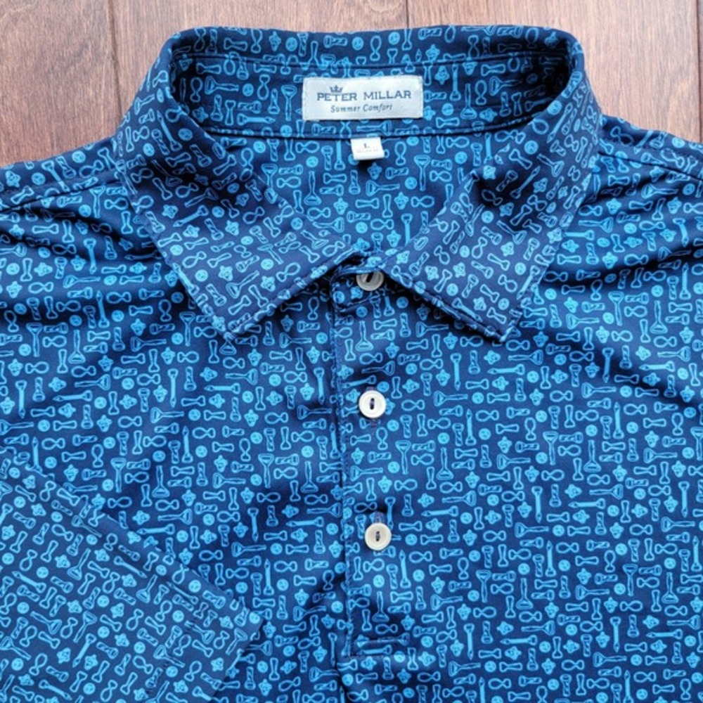 Peter Millar Summer Comfort Golf‎ Polo Shirt Mens Large Blue Bottle Opener Print